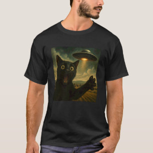 Camiseta Gato Negro Selfie Con OVNI Alien Funny Cat