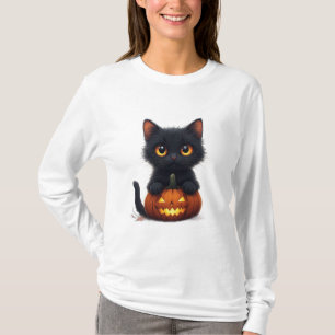 Camiseta Gato Negro Sentado Dentro de una Calabaza