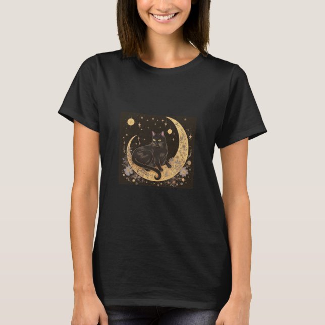 Camiseta Gato negro sentado en la luna creciente Halloween (Anverso)