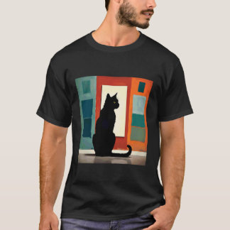 Camiseta Gato negro sentado frente a una imagen artística 1