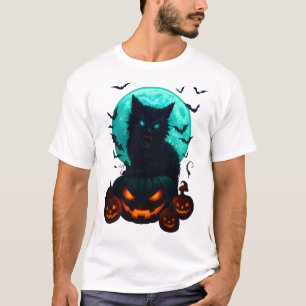 Camiseta Gato Negro sobre Calabazas bajo Luna Llena – Mitad