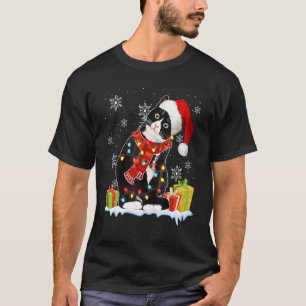 Camiseta Gato Negro Sombrero de Santa Luces de Navidad Chic
