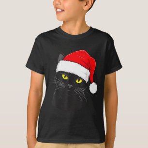 Camiseta Gato Negro Sombrero de Santa Navidad