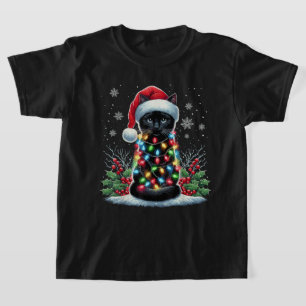 Camiseta Gato Negro Sombrero de Santa Navidad Divertido Gat