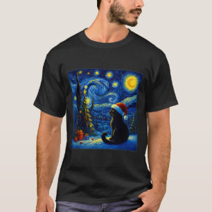 Camiseta Gato Negro Sombrero de Santa Van Gogh Noche Estrel