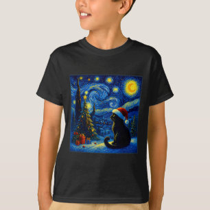 Camiseta Gato Negro Sombrero de Santa Van Gogh Noche Estrel