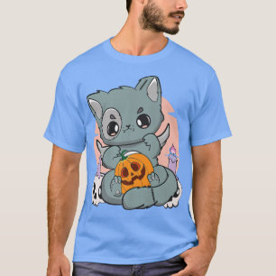 Camiseta Gato Negro Sostengo Una Cuta Calabaza Chibi Neko P
