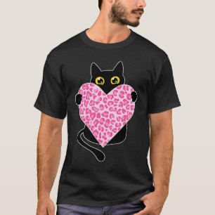Camiseta Gato negro sosteniendo Corazón Rosa Leopardo San V