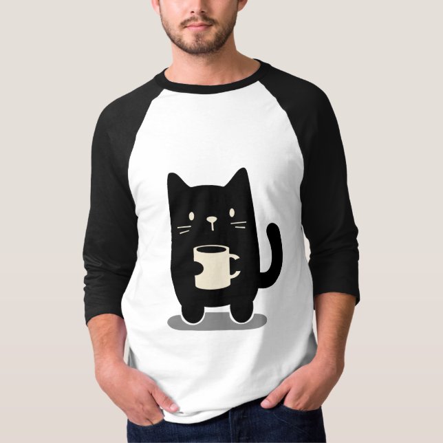 Camiseta Gato negro, sosteniendo una taza de café (Anverso)