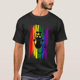 Camiseta Gato negro subiendo en arcoíris divertido Orgullo