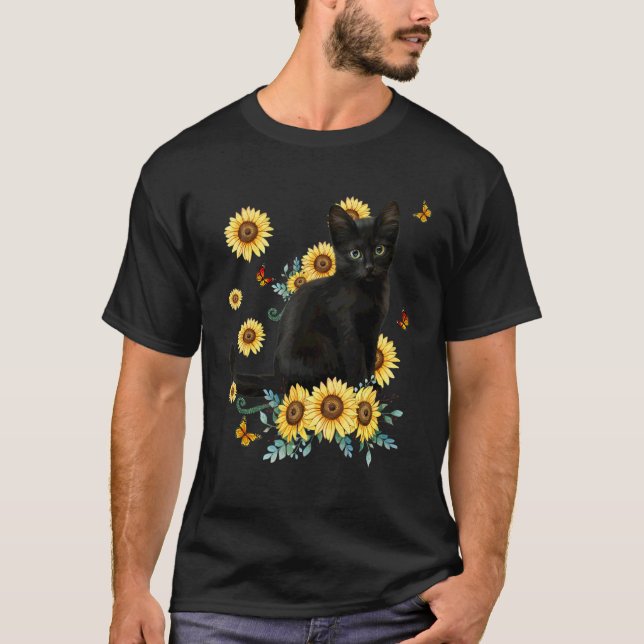 Camiseta Gato negro Sunflower Sun Flor Cat Sunshine (Anverso)