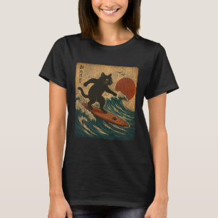 Camiseta Gato negro surfando estilo arte japonés angustiado