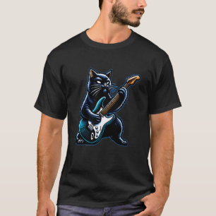 Camiseta Gato Negro Tocando Guitarra Rock and Roll Rock Sta