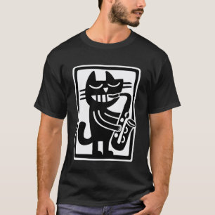 Camiseta Gato Negro Tocando Saxofón Música Jazz Arte Retro