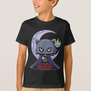 Camiseta Gato Negro Vampiro Drácula y Fuego Mágico Para