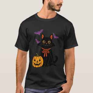 Camiseta Gato Negro Vampiro Halloween Calabaza Murciélagos 