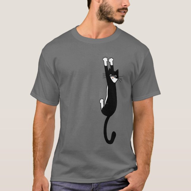 Camiseta Gato negro y blanco colgando | Gracioso gato de Tu (Anverso)