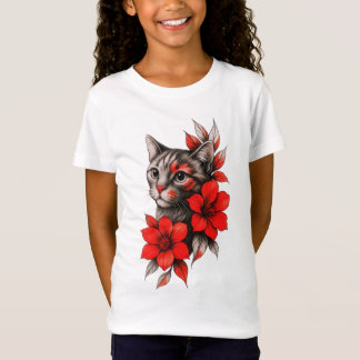 Camiseta Gato negro y blanco con flores rojas brillantes To