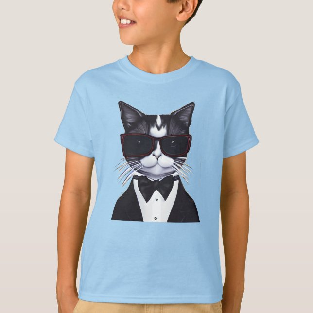 Camiseta Gato negro y blanco en un niño con marea de tuxedo (Anverso)