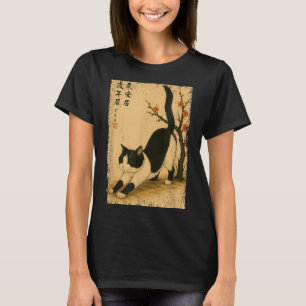 Camiseta Gato negro y blanco flor japonesa Japón kanji