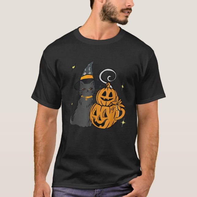 Camiseta Gato negro y calabaza cara de Halloween Trendy C (Anverso)