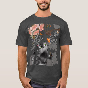 Camiseta Gato negro y mariposas bajo el florecimiento del c