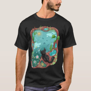 Camiseta Gato Negro y Surrealismo Estanque de Koi Cielo Noc