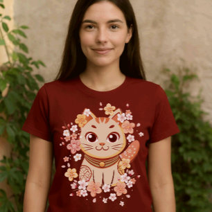 Camiseta Gato Neko Japonés Adorable con Flores de Cerezo
