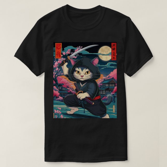 Camiseta Gato Ninja con la espada de Katana arte marcial ja (Diseño del anverso)