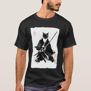 Camiseta Gato Ninja Samurái Pintura Japonesa con Tinta Sumi