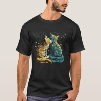 Camiseta Gato nocturno estrellado Van Gogh Gato Funny Parej