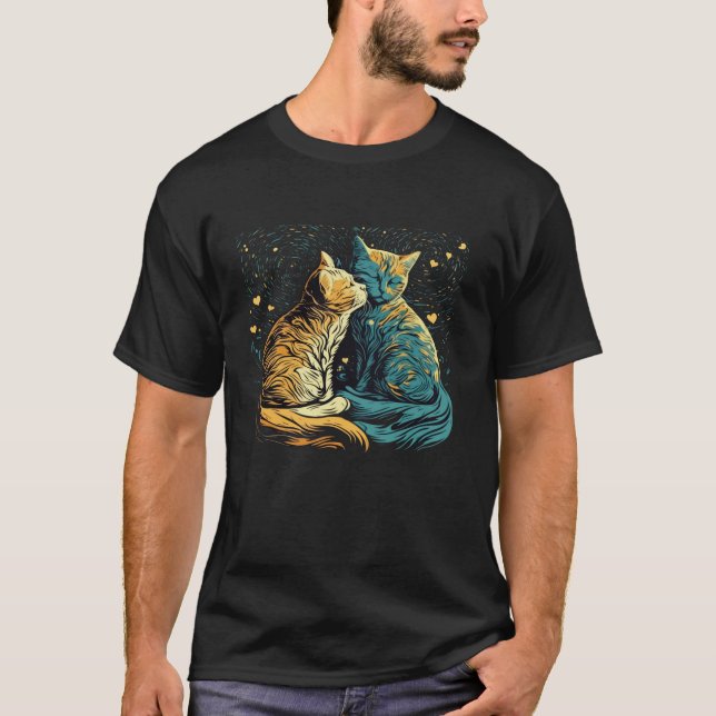 Camiseta Gato nocturno estrellado Van Gogh Gato Funny Parej (Anverso)