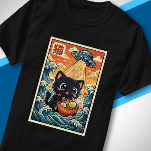 Camiseta Gato OVNI Lindo Comiendo Ramen Ola Japonesa Retro