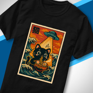 Camiseta Gato OVNI lindo comiendo Ramen Retro Japonés Ukiyo