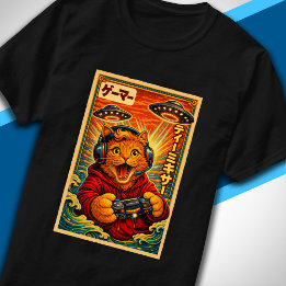 Camiseta Gato OVNI Retro Vintage Japonés Gráfico Divertido