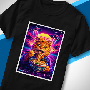 Camiseta Gato OVNI Synthwave Comiendo Ramen Cyberpunk Cienc