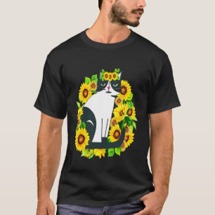 Camiseta Gato para mujeres girasol floral flor con gato Aes