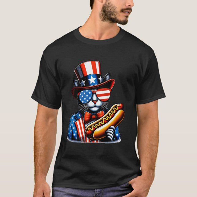 Camiseta Gato Patriótico Divertido Hotdog USA Bandera Ameri (Anverso)