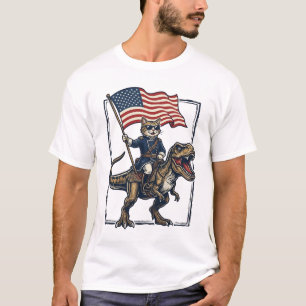 Camiseta Gato Patriótico Montando Dinosaurio Diseño Vector