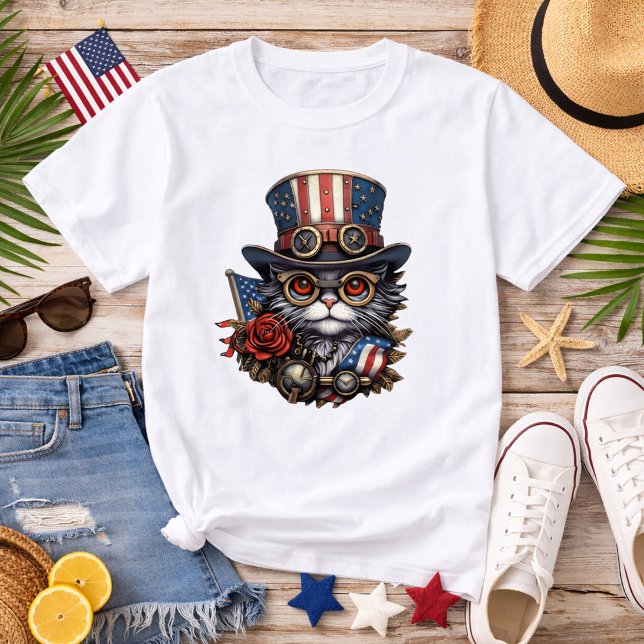 Camiseta Gato Patriótico Steampunk con Gafas (Subido por el creador)
