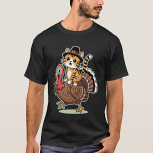 Camiseta Gato Peregrino Adorable Montando Pavo Mujeres Homb