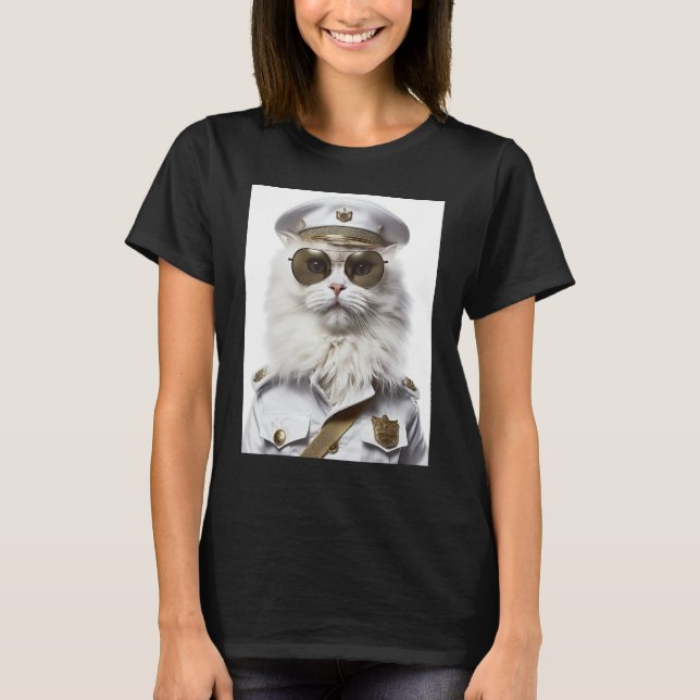 Camiseta gato persa blanco gorra militar (Anverso)