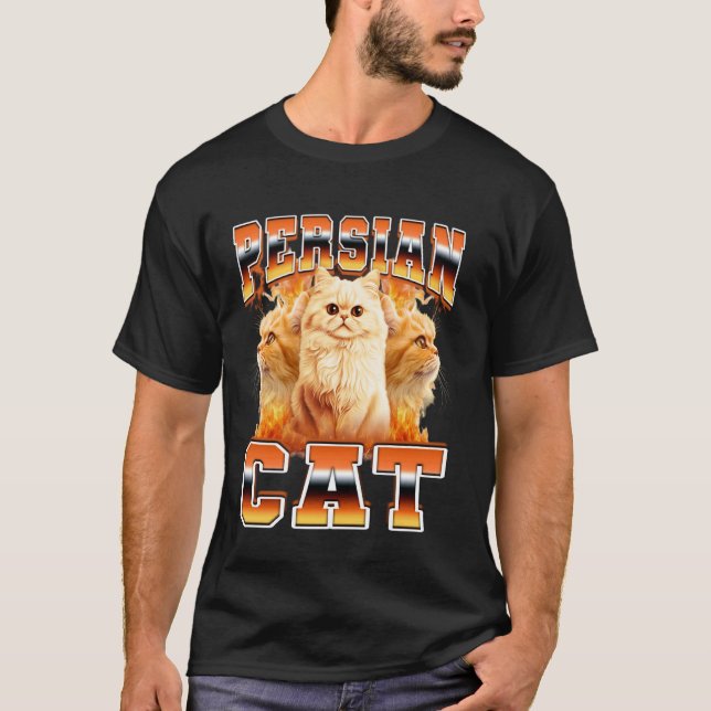 Camiseta Gato Persa Llamas Estilo Bootleg 90s (Anverso)