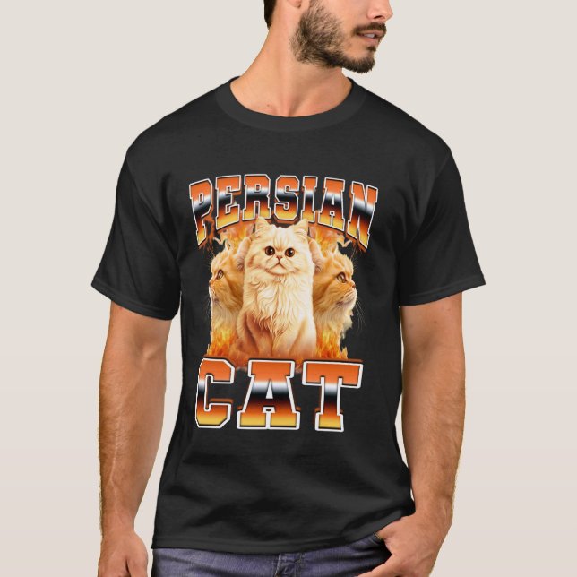 Camiseta Gato Persa Llamas Estilo Bootleg 90s (Anverso)