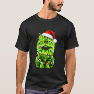 Camiseta Gato Persa Verde Divertido Luces de Navidad Sombre