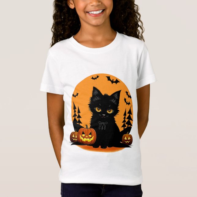 Camiseta Gato personalizado y calabazas bajo la luna llena (Anverso)