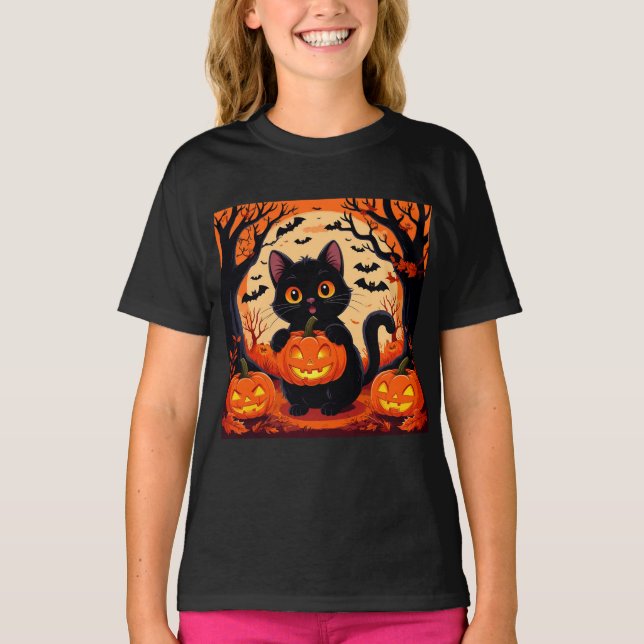 Camiseta Gato personalizado y calabazas bajo la luna llena (Anverso)