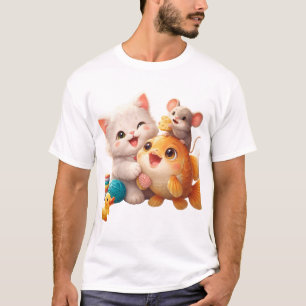 Camiseta Gato Pescado Ratón Amigos Arte Kawaii