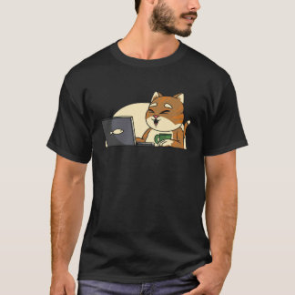 Camiseta gato pez bebiendo café mirando leptop
