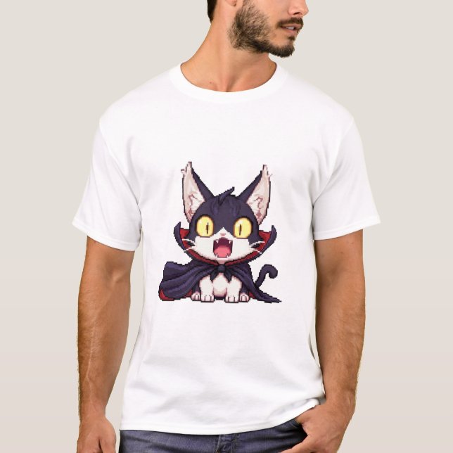 Camiseta Gato Pixel Drácula – Shock Cute Vampire Gato 8-Bit (Anverso)